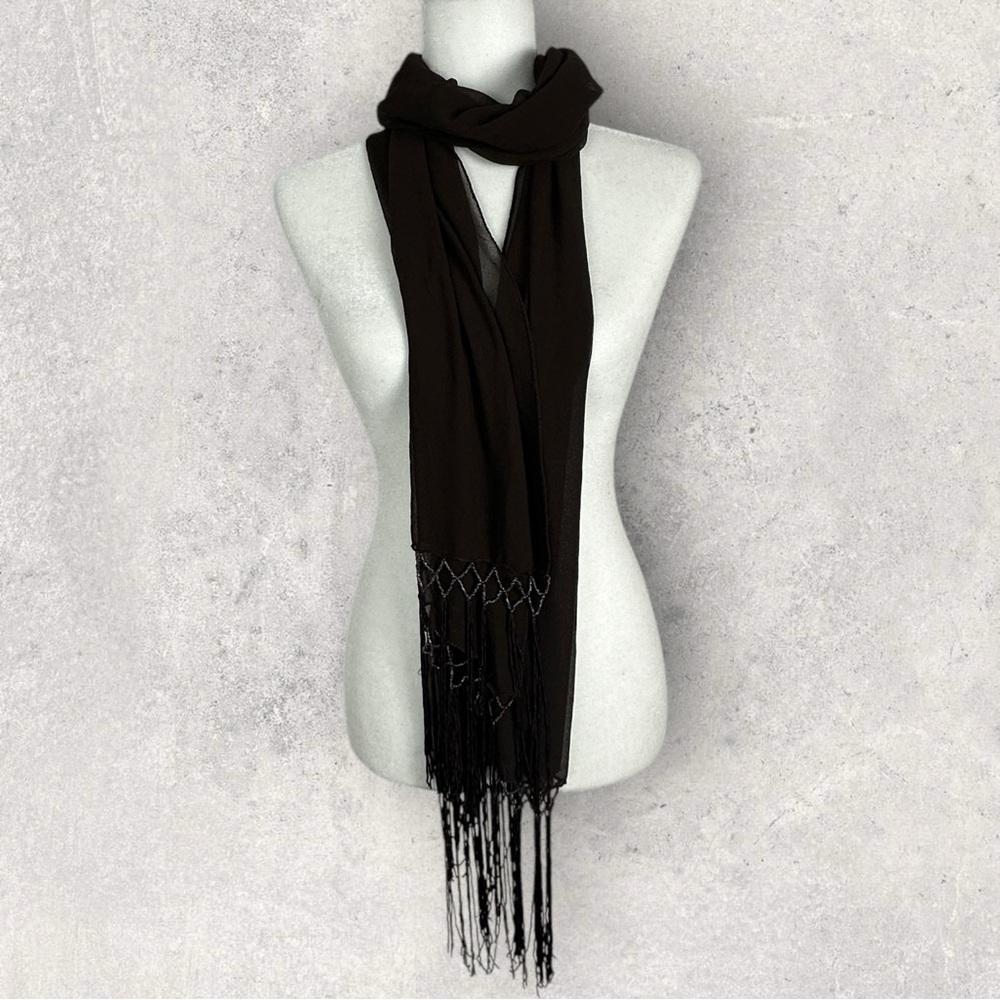 Brown Beaded Fringe Sheer Rectangular Scarf Bohemian Tassel 20" x 36" Wrap Skirt